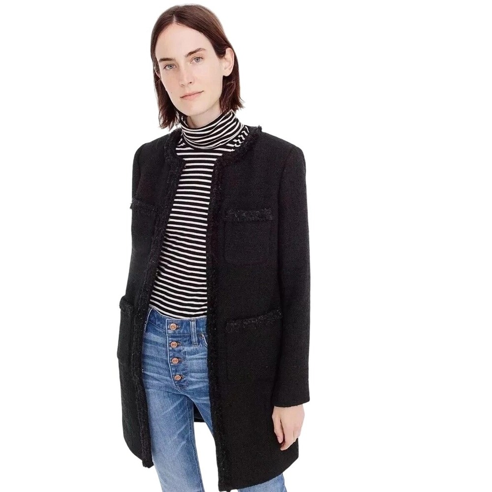 J.Crew Lady Day Coat Wool Blend Tweed Fringe Trim Women's Size 00‎ Black Ladyday